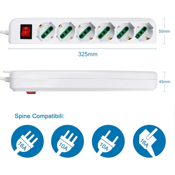 Multipresa Ciabatta Elettrica con 6 Prese Universali ITA 10/16A e Schuko